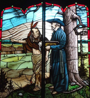 Stained glass featuring martyred priest Jean de Brébeuf, Martyrs' Shrine, Midland, Ontario