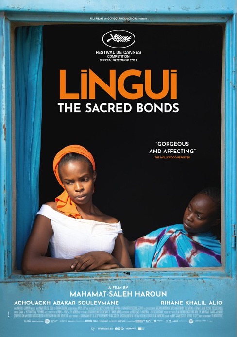 A poster of the film "Lingui: The Sacred Bonds." Amina looks lovingly at her daughter Maria, who looks worriedly out of a window.